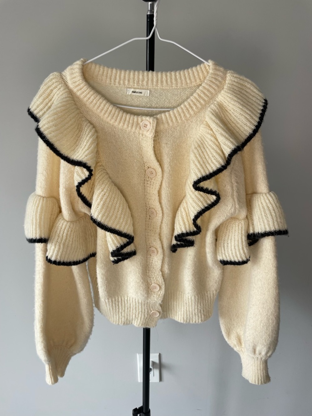Ruffled Cream Button-Front Sweater Cardigan